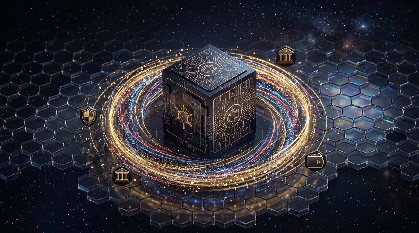 Non-custodial yield visualization showing a digital vault with blockchain patterns and golden yield particles flowing in a circular orbit