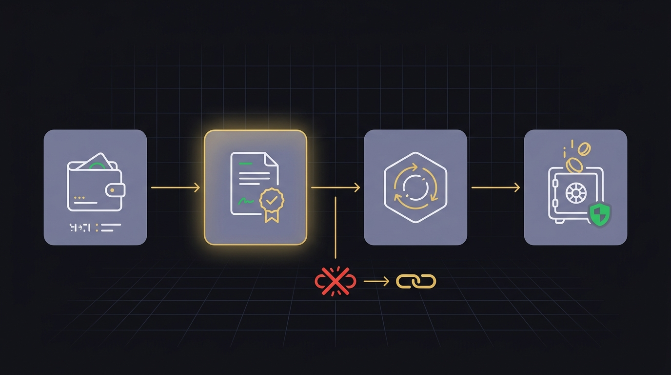 Four-step diagram of a gasless permit flow: treasury wallet, signed permit document with gold seal, hexagonal execution router, and vault receiving stablecoins — with a crossed-out unlimited approval chain replaced by a single bounded link