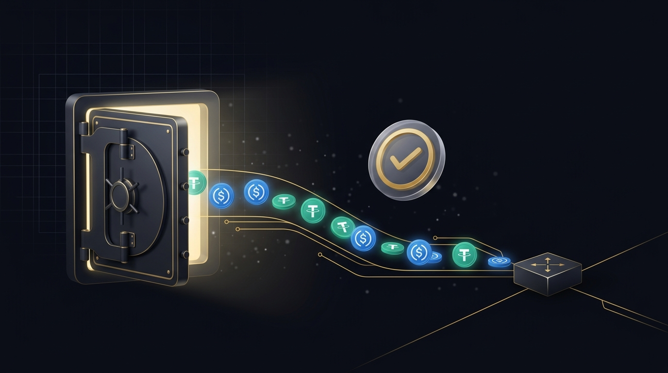 Open black treasury vault with gold trim releasing blue USDC and green USDT coins along a golden circuit toward a router node, with a large gold checkmark badge symbolizing a gasless ERC-2612 permit approval