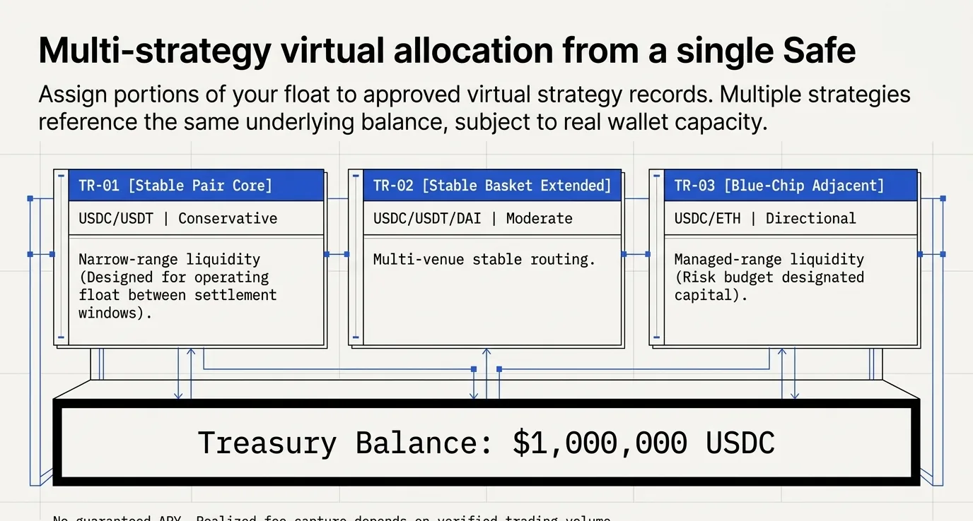 Diagram of three virtual strategy records referencing a single one million USDC treasury balance: stable pair core, stable basket extended and blue-chip adjacent.