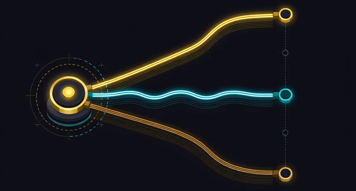 One central node on the left emitting three diverging paths that terminate at three separate nodes arranged in a vertical column, each path a different brightness, illustrating one flag carrying three distinct meanings.
