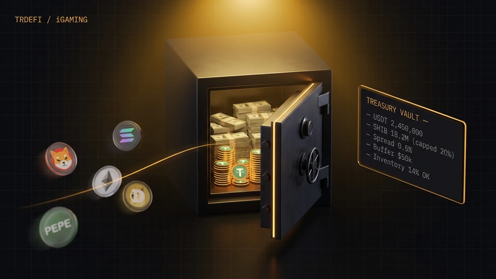 iGaming treasury vault converting SHIB, SOL and PEPE deposits to USDT via internal DEX — Curacao platform Safe